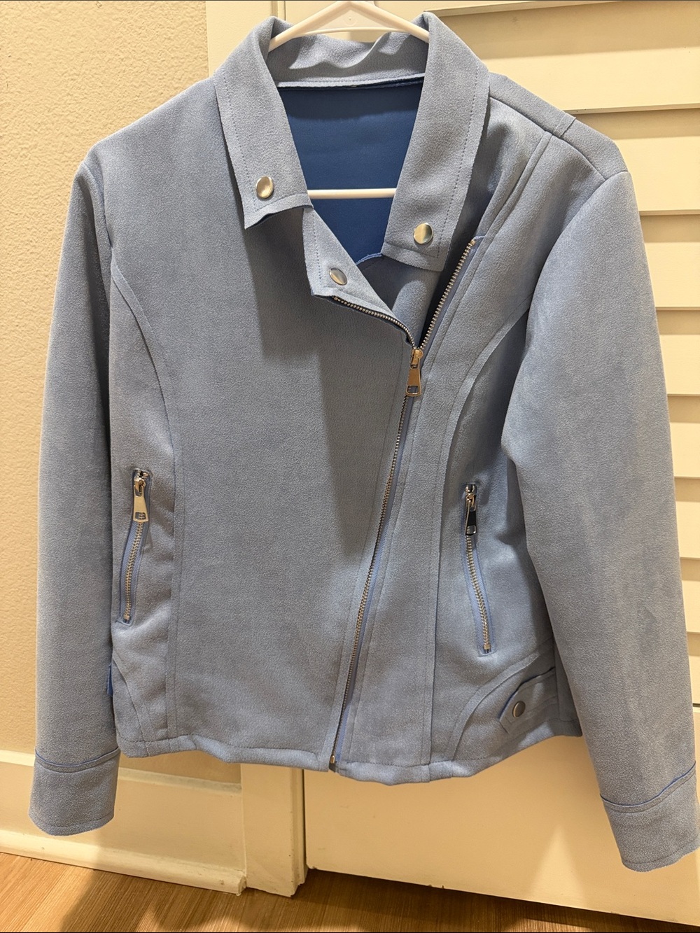 Women's Light Blue Suede-Style Moto Jacket